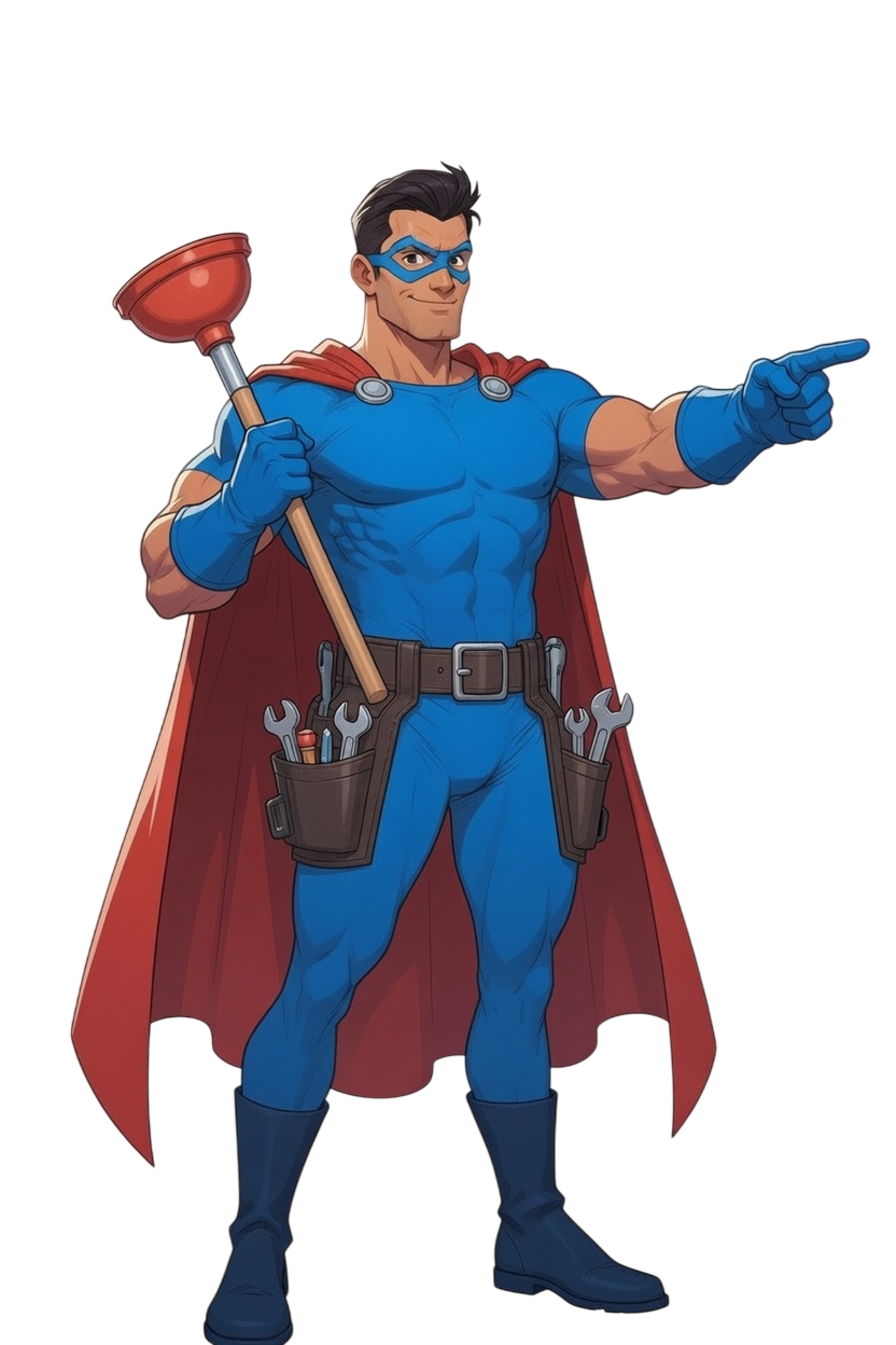 24 Hour Plumber Portland superhero mascot pointing toward services